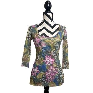 Johnny Heaven Y2K Bloomcore Floral Sheer Mesh Sz M Fairy Goth Blouse